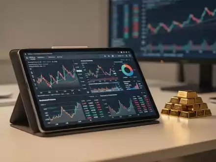 Ein moderner Schreibtisch mit Finanzanalysen auf einem Tablet und Goldbarren als Symbol für inflationsgeschützte Anlagen. - Foto: über boerse-global.de
