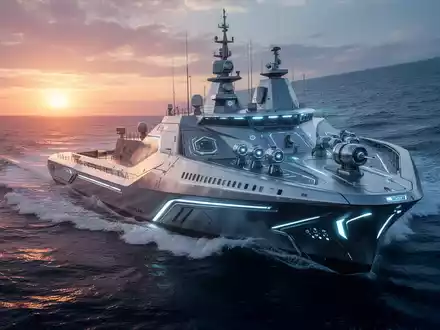 Hochtechnologisches autonomes Marineschiff bei Sonnenuntergang auf offener See, Symbol für Fortschritte in der maritimen Robotik. - Foto: über boerse-global.de