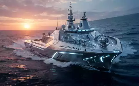Hochtechnologisches autonomes Marineschiff bei Sonnenuntergang auf offener See, Symbol für Fortschritte in der maritimen Robotik. - Foto: über boerse-global.de