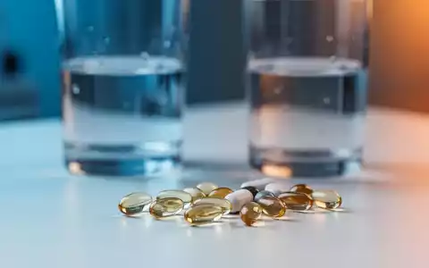 Nahaufnahme von Nahrungsergänzungsmitteln neben einem Glas Wasser in einer sterilen, medizinischen Umgebung. - Foto: über boerse-global.de