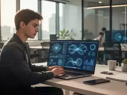 Junger Unternehmer an einem modernen Schreibtisch mit Laptop in einem hellen Büro, das den Einsatz von KI verdeutlicht. - Foto: über boerse-global.de