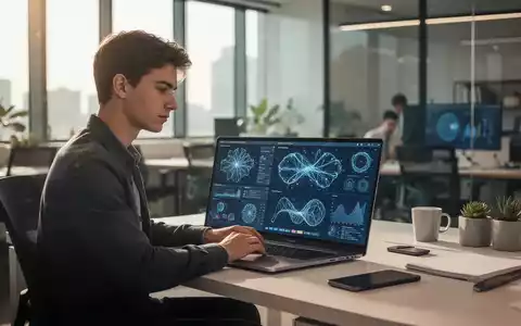 Junger Unternehmer an einem modernen Schreibtisch mit Laptop in einem hellen Büro, das den Einsatz von KI verdeutlicht. - Foto: über boerse-global.de