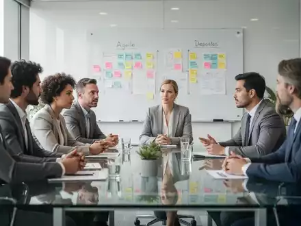 Ein professionelles Team in einem modernen Büro führt ein konstruktives Gespräch vor einem Whiteboard mit agilen Notizen. - Foto: über boerse-global.de