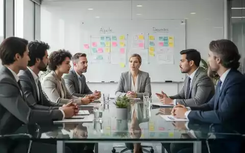 Ein professionelles Team in einem modernen Büro führt ein konstruktives Gespräch vor einem Whiteboard mit agilen Notizen. - Foto: über boerse-global.de