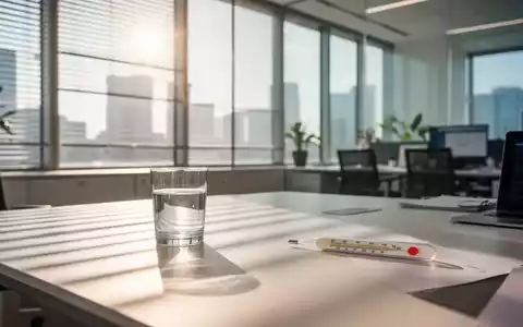Ein moderner, sonnendurchfluteter Büroarbeitsplatz mit einem Glas Wasser und einem Thermometer als Symbol für Hitzeschutz. - Foto: über boerse-global.de