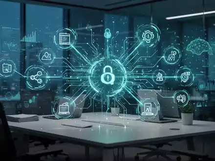 Abstrakte digitale Schnittstelle über einem modernen Büroarbeitsplatz, die die Integration von KI-Agenten in Software-Workflows visualisiert. - Foto: über boerse-global.de