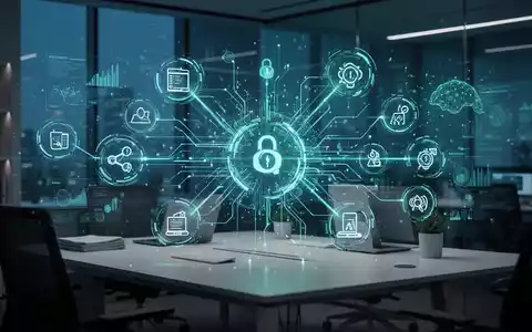 Abstrakte digitale Schnittstelle über einem modernen Büroarbeitsplatz, die die Integration von KI-Agenten in Software-Workflows visualisiert. - Foto: über boerse-global.de
