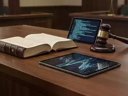 Ein hölzerner Richtertisch mit einem aufgeschlagenen Gesetzbuch, einem Tablet mit digitalen Codesymbolen und einem Richterhammer. - Foto: über boerse-global.de