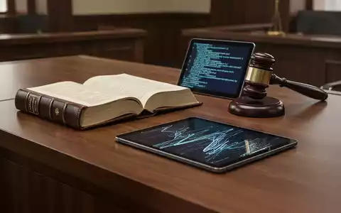 Ein hölzerner Richtertisch mit einem aufgeschlagenen Gesetzbuch, einem Tablet mit digitalen Codesymbolen und einem Richterhammer. - Foto: über boerse-global.de