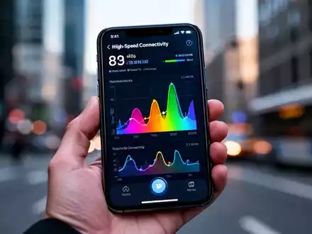 Smartphone-Bildschirm mit Netzwerkdiagnosedaten und Leistungsdiagrammen in urbaner Umgebung. - Foto: über boerse-global.de