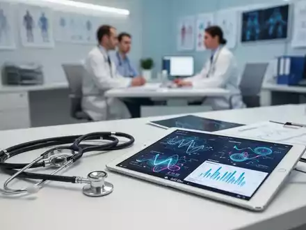 Ein moderner ärztlicher Arbeitsplatz mit medizinischen Diagrammen auf einem Tablet und einem Stethoskop. - Foto: über boerse-global.de