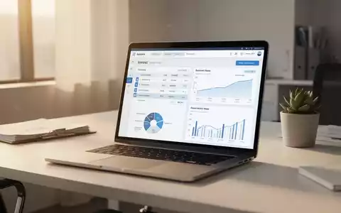 Moderner Büroarbeitsplatz mit Laptop, auf dem eine Software zur digitalen Rechnungsstellung und Finanzdaten zu sehen sind. - Foto: über boerse-global.de