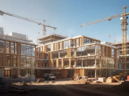 Moderner Neubau eines Berufsschulzentrums auf einer Baustelle mit Kranen bei klarem Tageslicht. - Foto: über boerse-global.de