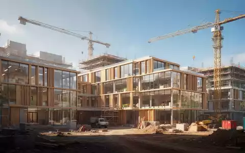 Moderner Neubau eines Berufsschulzentrums auf einer Baustelle mit Kranen bei klarem Tageslicht. - Foto: über boerse-global.de
