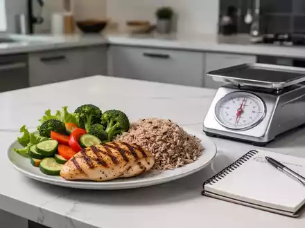 Gesunde Mahlzeit mit Proteinen und Kohlenhydraten auf einer Küchenwaage als Symbol für sportliche Ernährung. - Foto: über boerse-global.de