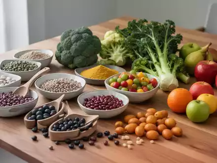Verschiedene frische Gemüsesorten und Hülsenfrüchte auf einem Holztisch als Symbol für gesunde Ernährung. - Foto: über boerse-global.de