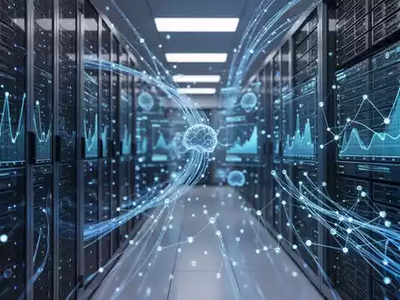 Moderne Serverarchitektur in einem Rechenzentrum mit digitalen Datenvisualisierungen im Hintergrund. - Foto: über boerse-global.de