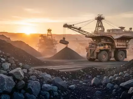 Moderne Bergbauanlage bei Sonnenaufgang mit Fokus auf Rohstoffe und industrielle Ausrüstung - Foto: über boerse-global.de