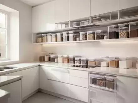Eine minimalistische, aufgeräumte Küche mit transparenten Vorratsbehältern und klaren Oberflächen. - Foto: über boerse-global.de