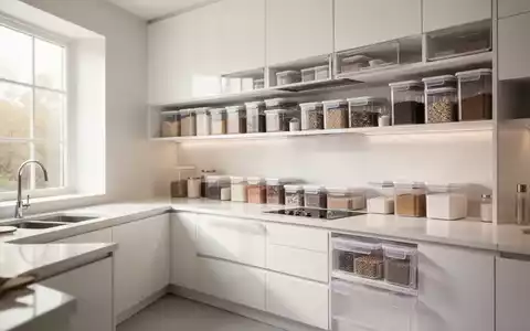 Eine minimalistische, aufgeräumte Küche mit transparenten Vorratsbehältern und klaren Oberflächen. - Foto: über boerse-global.de