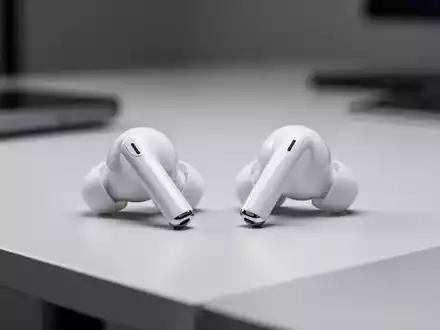 Weiße AirPods Pro 2 auf einer modernen Schreibtischoberfläche mit Fokus auf das Design der Kopfhörer. - Foto: über boerse-global.de