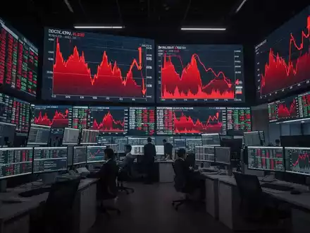 Fallende Aktienkurse und rote Börsendaten auf digitalen Bildschirmen in einem modernen Handelsraum - Foto: über boerse-global.de