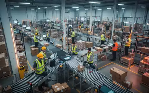 Ein modernes Logistikzentrum von Amazon mit Mitarbeitern in Sicherheitswesten an Förderbändern. - Foto: über boerse-global.de