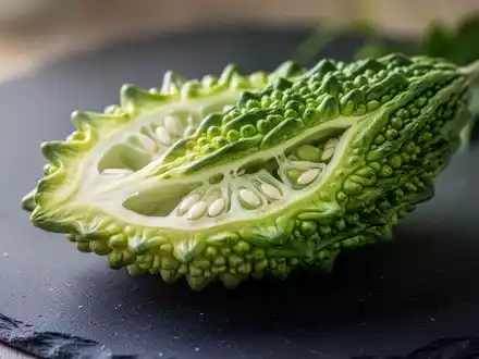 Aufgeschnittene Bittermelone auf einer dunklen Steinplatte in einer minimalistischen, professionellen Studioumgebung. - Foto: über boerse-global.de