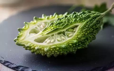 Aufgeschnittene Bittermelone auf einer dunklen Steinplatte in einer minimalistischen, professionellen Studioumgebung. - Foto: über boerse-global.de