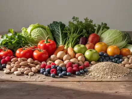 Eine Auswahl an frischem Gemüse, Nüssen und Vollkornprodukten auf einem Holztisch als Symbol für gesunde Ernährung. - Foto: über boerse-global.de