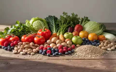 Eine Auswahl an frischem Gemüse, Nüssen und Vollkornprodukten auf einem Holztisch als Symbol für gesunde Ernährung. - Foto: über boerse-global.de