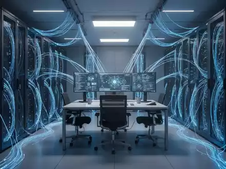 Ein moderner Serverraum mit leuchtenden Glasfaserkabeln, der die Zusammenarbeit in der KI-Technologiebranche symbolisiert. - Foto: über boerse-global.de