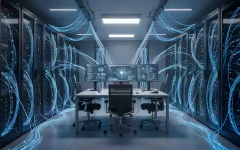 Ein moderner Serverraum mit leuchtenden Glasfaserkabeln, der die Zusammenarbeit in der KI-Technologiebranche symbolisiert. - Foto: über boerse-global.de