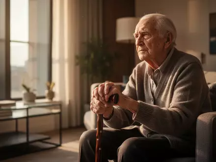 Ein nachdenklicher älterer Mensch sitzt an einem sonnendurchfluteten Fenster, was die Würde und Lebensrealität im Alter symbolisiert. - Foto: über boerse-global.de