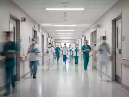 Moderner Krankenhausflur mit unscharfen medizinischen Fachkräften im Hintergrund. - Foto: über boerse-global.de