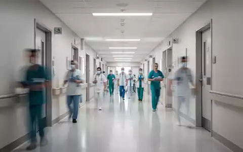 Moderner Krankenhausflur mit unscharfen medizinischen Fachkräften im Hintergrund. - Foto: über boerse-global.de