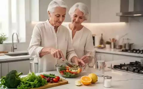 Eine ältere Person bereitet in einer hellen Küche eine gesunde Mahlzeit mit frischem Gemüse und einem Glas Wasser zu. - Foto: über boerse-global.de