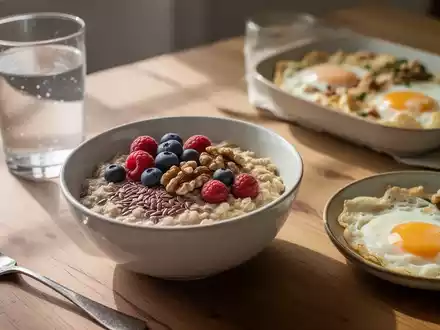 Ein gesundes, herzfreundliches Frühstück mit Haferflocken, Beeren und Nüssen auf einem Holztisch. - Foto: über boerse-global.de