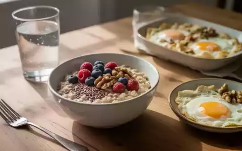 Ein gesundes, herzfreundliches Frühstück mit Haferflocken, Beeren und Nüssen auf einem Holztisch. - Foto: über boerse-global.de