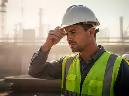 Ein Bauarbeiter wischt sich bei extremer Hitze den Schweiß von der Stirn, während er im Freien arbeitet. - Foto: über boerse-global.de