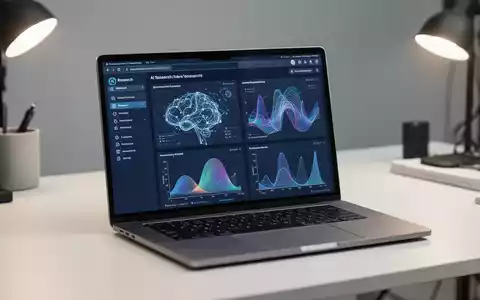 Ein moderner Arbeitsplatz mit einem Laptop, das ein KI-Recherche-Dashboard und abstrakte Datenvisualisierungen zeigt. - Foto: über boerse-global.de