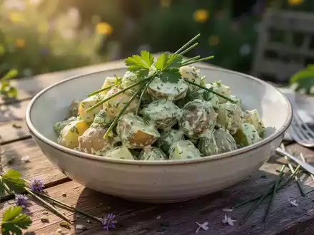 Veganer Kartoffelsalat in einer Keramikschale mit frischen Kräutern auf einem sommerlich gedeckten Gartentisch. - Foto: über boerse-global.de
