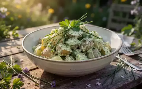 Veganer Kartoffelsalat in einer Keramikschale mit frischen Kräutern auf einem sommerlich gedeckten Gartentisch. - Foto: über boerse-global.de