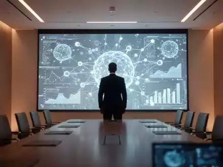 Eine Führungskraft in einem modernen Konferenzraum vor einer digitalen Datenvisualisierung zum Thema künstliche Intelligenz. - Foto: über boerse-global.de