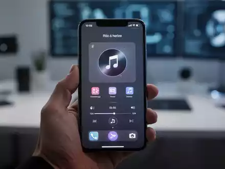 Modernes Smartphone mit einem Musik-Widget auf dem Startbildschirm in einer hellen Arbeitsumgebung. - Foto: über boerse-global.de