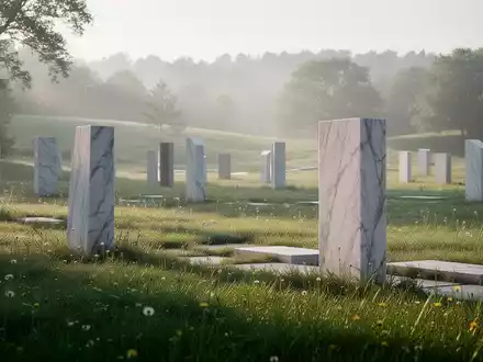 Minimalistische Wiesenbestattungsfläche auf einem modernen Friedhof bei sanftem Morgenlicht. - Foto: über boerse-global.de