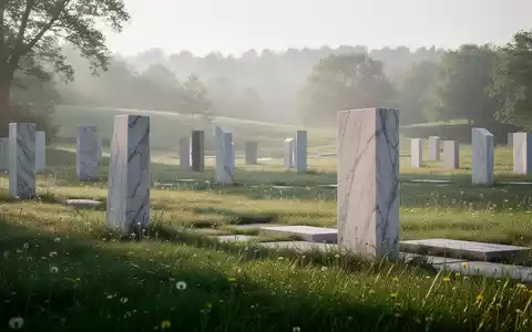 Minimalistische Wiesenbestattungsfläche auf einem modernen Friedhof bei sanftem Morgenlicht. - Foto: über boerse-global.de