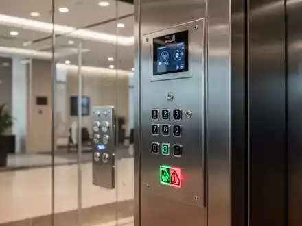 Modernes Aufzugsbedienfeld in einem gewerblichen Bürogebäude mit Fokus auf technische Sicherheitselemente. - Foto: über boerse-global.de