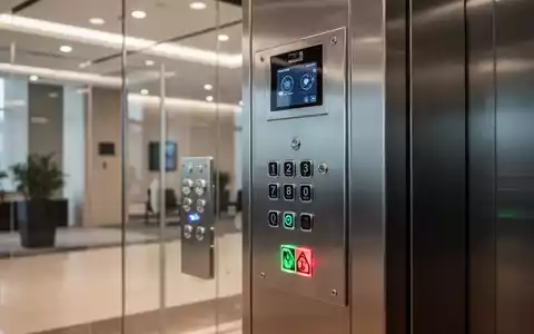 Modernes Aufzugsbedienfeld in einem gewerblichen Bürogebäude mit Fokus auf technische Sicherheitselemente. - Foto: über boerse-global.de