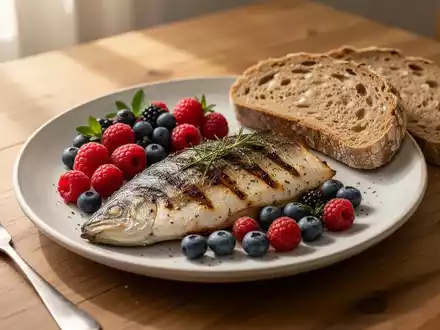 Ein gesunder Teller mit gegrilltem Fisch, frischem Obst und Vollkornbrot auf einem Holztisch bei natürlichem Licht. - Foto: über boerse-global.de
